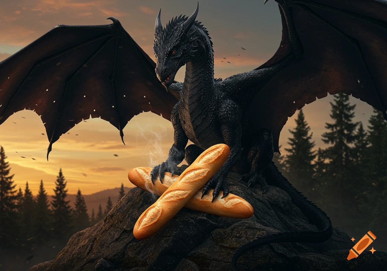 A realistic black dragon sits atop a rocky outcrop at sunset, holding two steaming baguettes in its claws.