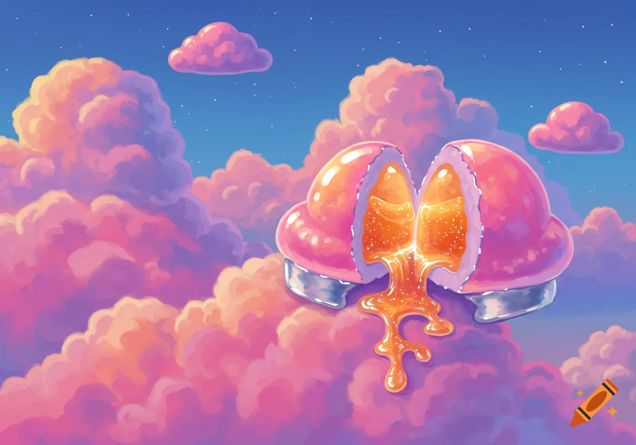A stylized pink, spherical candy-like object, split open, with glowing orange liquid spilling out, floating among pink and purple clouds in a blue sky.