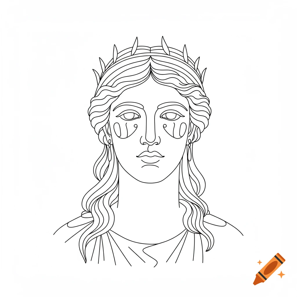 Line art bust of a stylized woman with a crown and long hair, inspired by ancient Etruscan art.