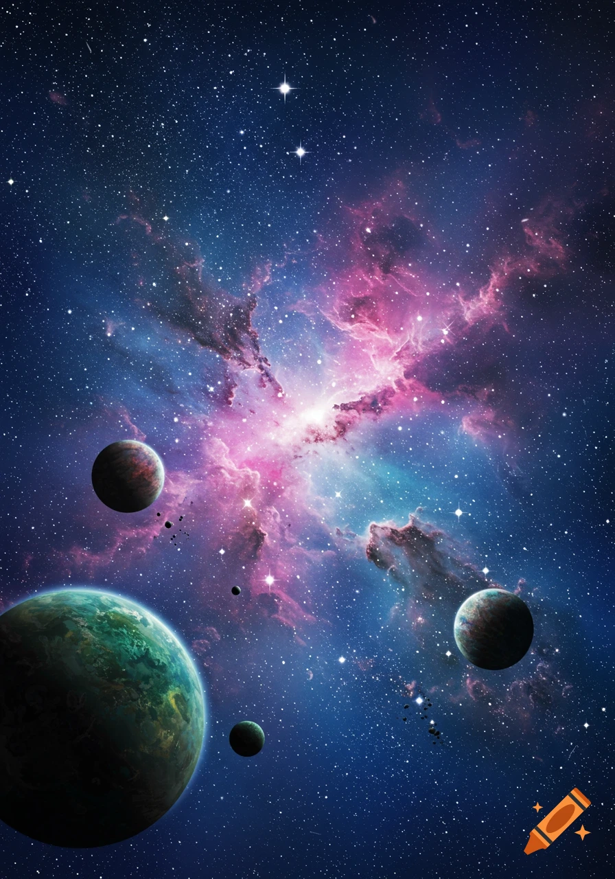 Colorful illustration of an outer space scene with planets, glowing pink and blue nebulae, and numerous stars.
