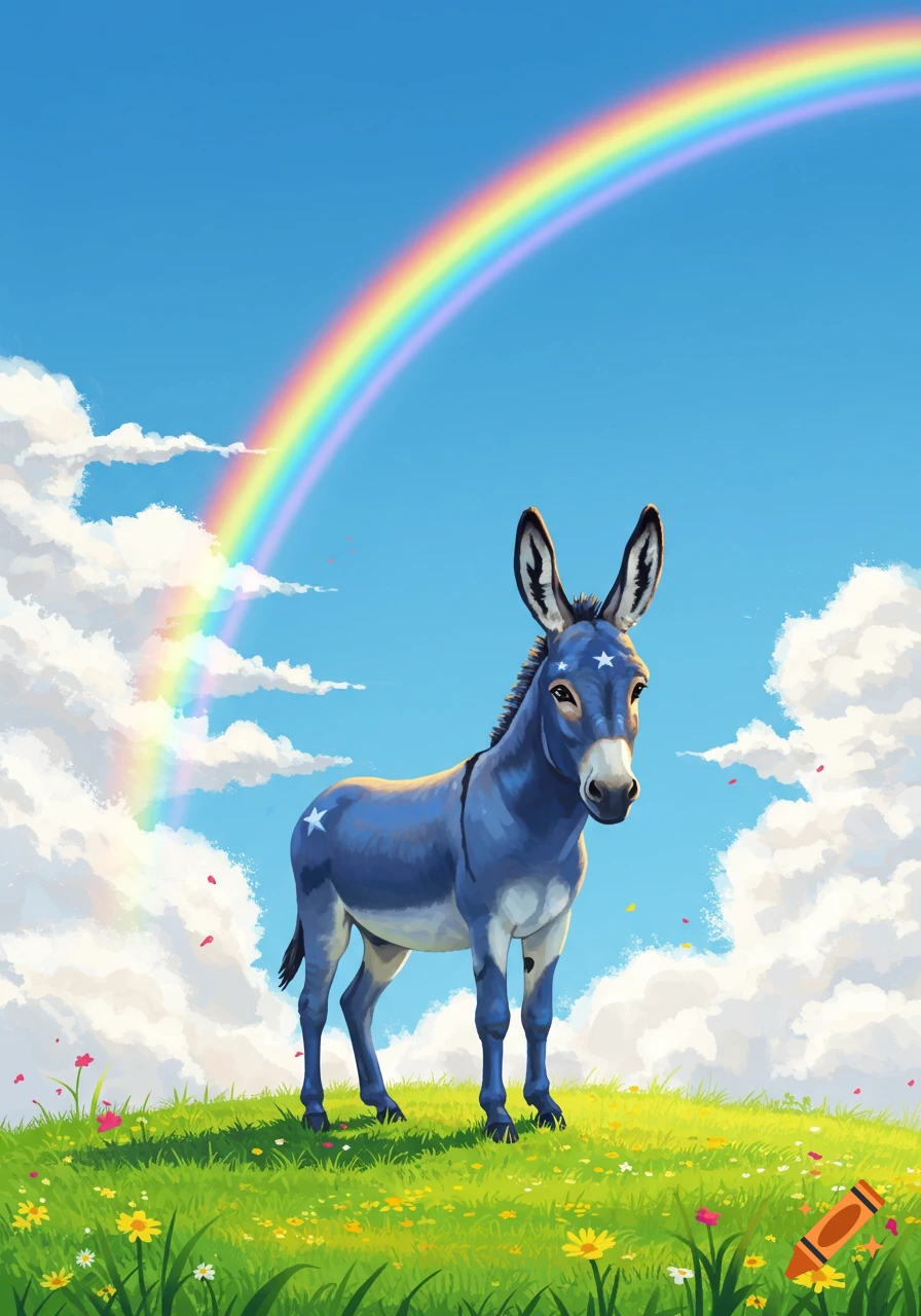 A blue donkey with white stars stands on a green hill under a bright blue sky with a rainbow.