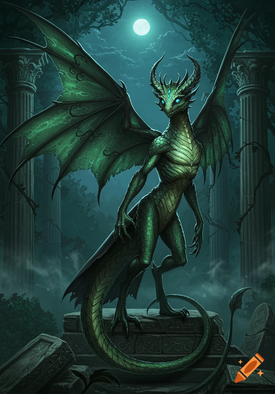 A green scaled winged dragon-like creature with glowing blue eyes stands on ancient ruins under a full moon.