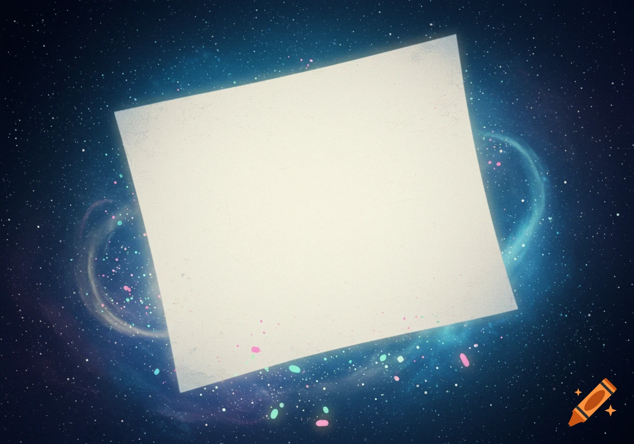 A blank, textured white square floats in dark blue space, surrounded by white stars, colorful speckles, and faint nebulous rings.