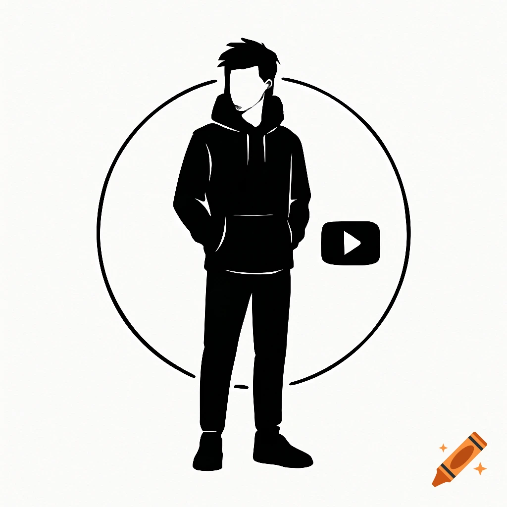 A black silhouette of a person in a hoodie with hands in pockets, inside a circular outline, next to a black YouTube play button logo, on a white textured background.