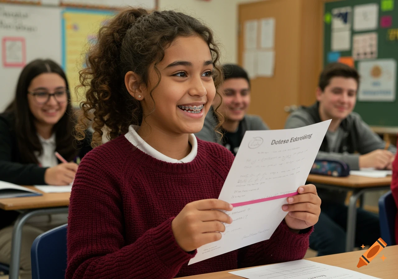 A happy young girl with curly brown hair and braces smiles while holding a paper in a classroom. Photorealistic style.