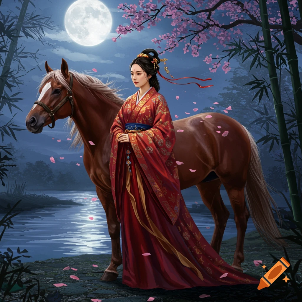 A woman in a red traditional Chinese dress stands next to a brown horse under a full moon, with cherry blossoms and bamboo in the background.