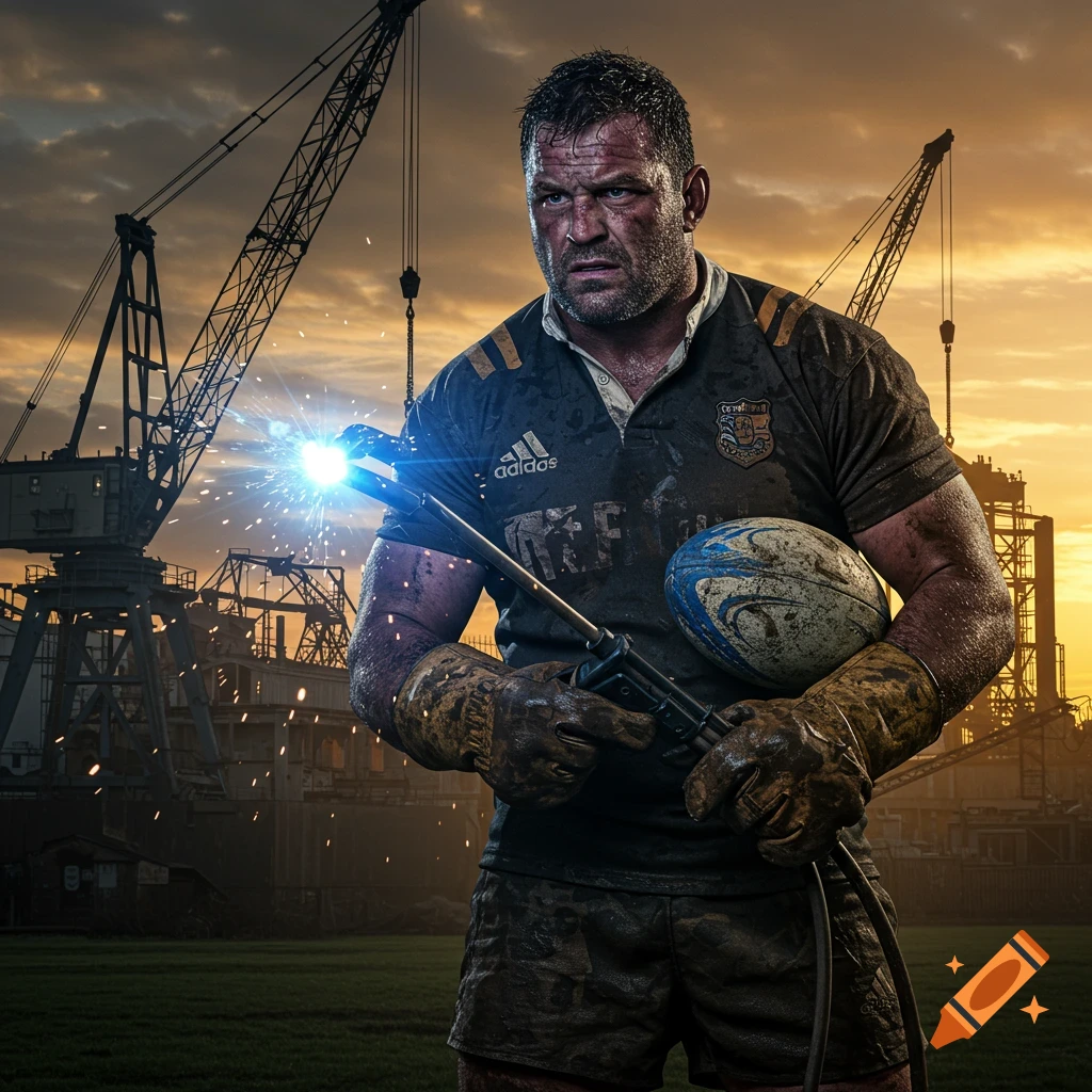 Muscular man, a rugby player, holding a welding torch and a rugby ball in an industrial setting at sunset.