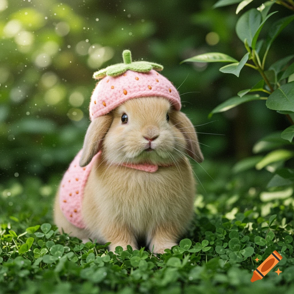 A fluffy beige bunny wearing a pink strawberry hat and matching outfit sits in a field of green clover under dappled sunlight.