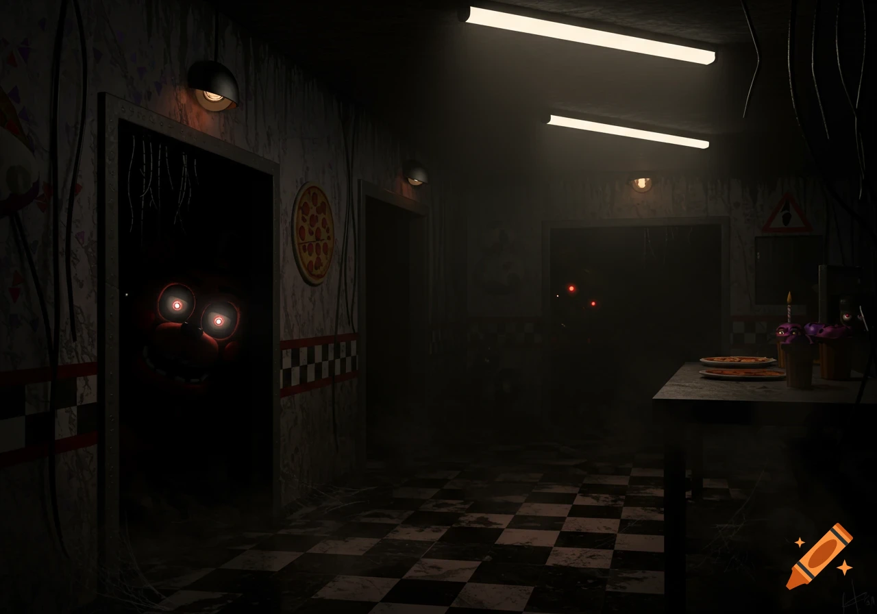 A dark, eerie FNaF-style hallway with a red animatronic with glowing eyes peeking from a doorway, and a checkered floor.