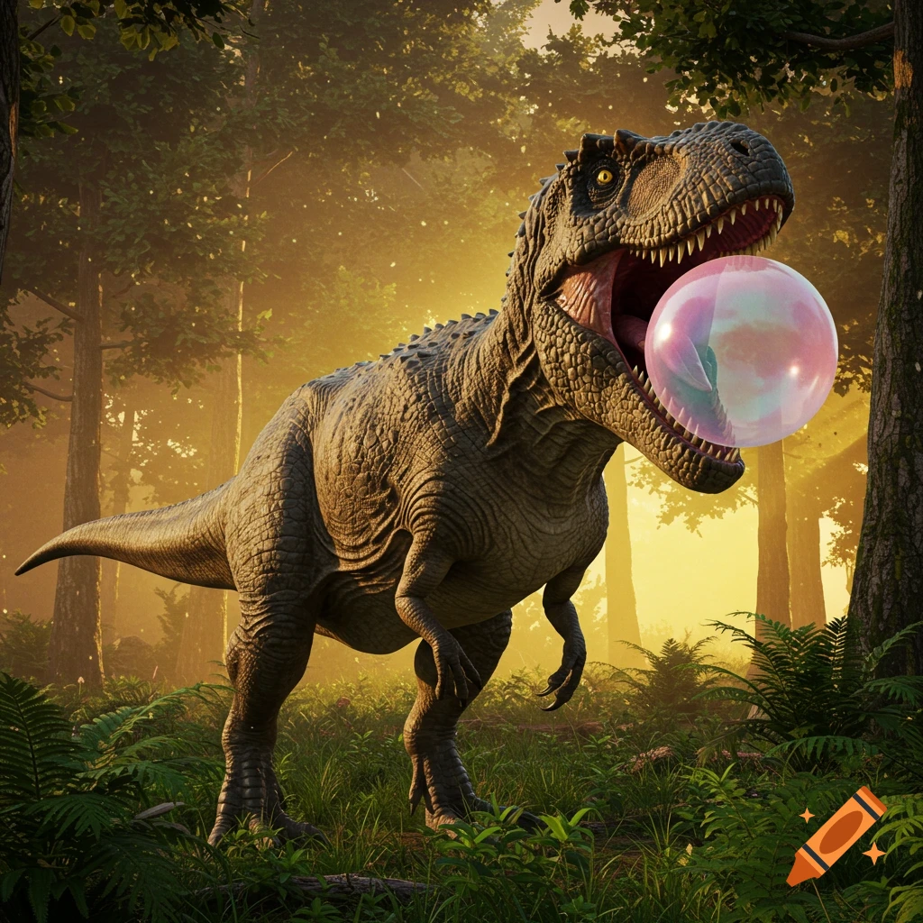 A photorealistic T-Rex with a pink bubblegum bubble in its mouth stands in a sunlit prehistoric forest.