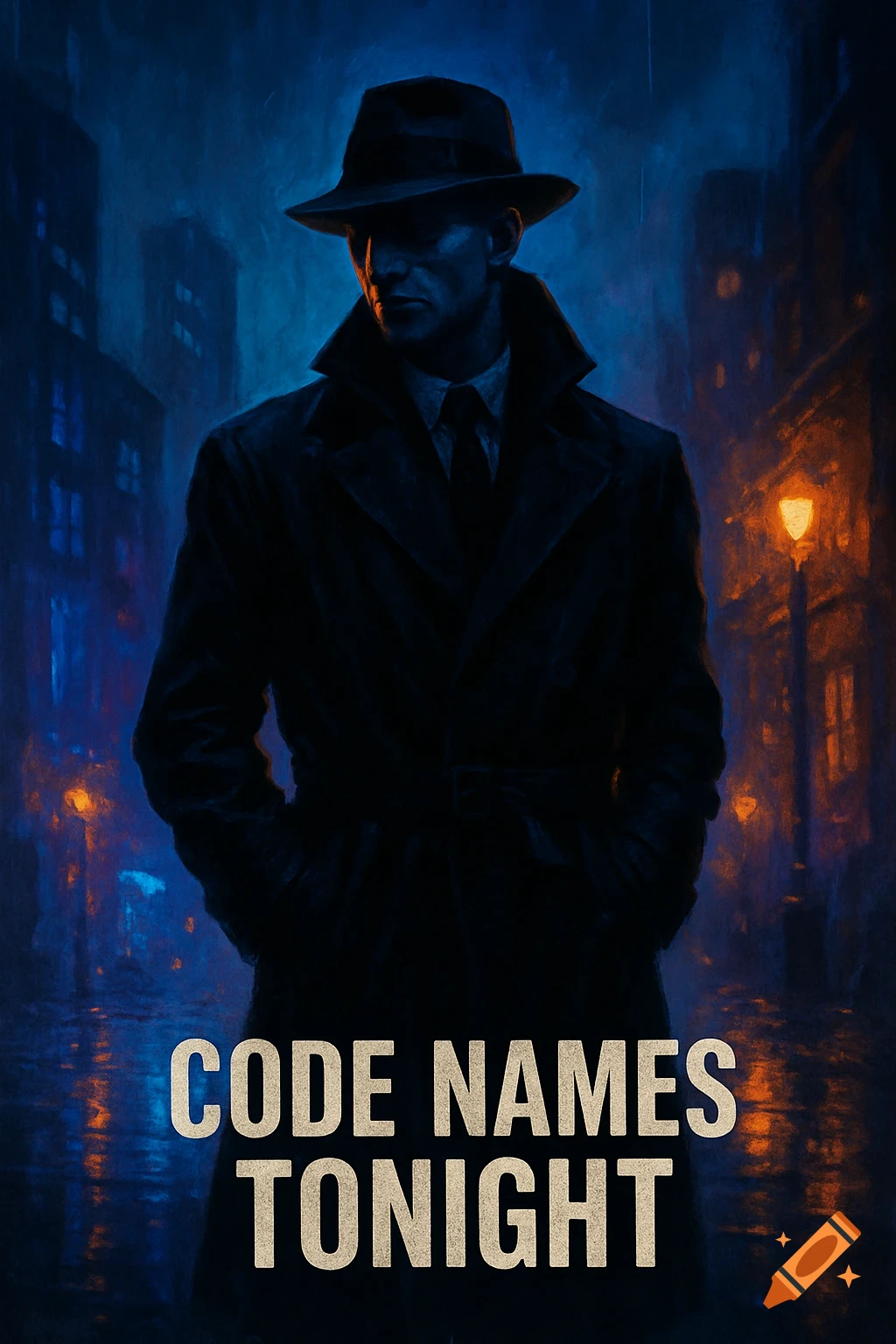 Moody, stylized painting of a man in a fedora and trench coat on a rainy city street at night. Text: CODE NAMES TONIGHT.