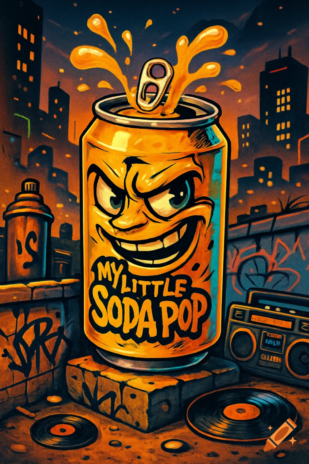 A gold cartoon soda can with a grumpy face and 'MY LITTLE SODA POP' label, in a vibrant urban street art setting with graffiti.