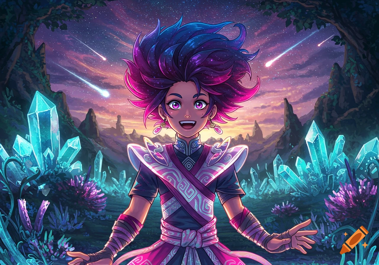 A vibrant anime-style character with spiky purple and blue hair smiles in a glowing crystal landscape under a starry sky with shooting stars.