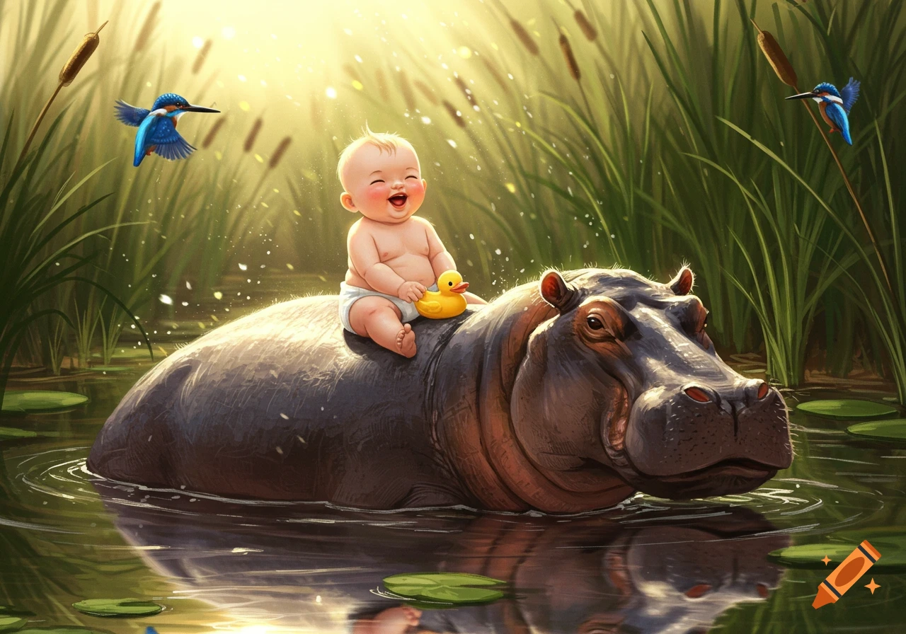 A smiling baby holding a rubber duck rides a hippopotamus in a sunny swamp with kingfishers flying, in an illustrated style.
