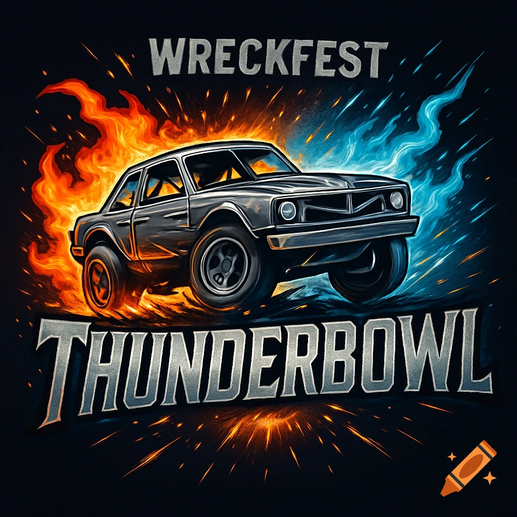 Dynamic logo with a grey rally car amidst orange and blue flames and sparks, with the text 'WRECKFEST THUNDERBOWL'.