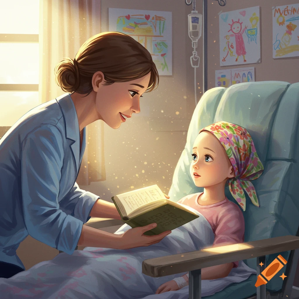 An adult reads a book to a young girl in a hospital bed, who is wearing a floral headscarf. Illustrated style.
