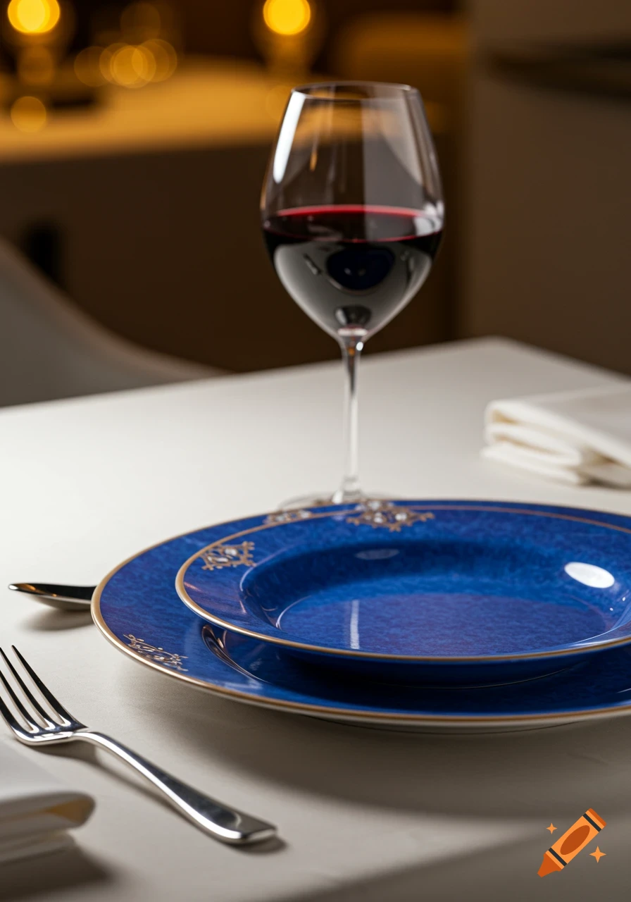 A formal table setting with a glass of red wine and blue plates with gold accents on a white tablecloth.