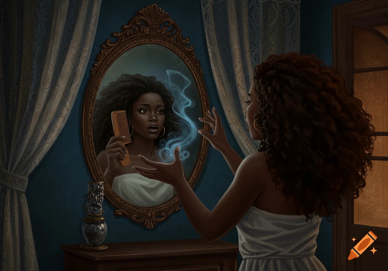 A Black woman in a white dress looking at a magical, startled reflection of herself in an ornate mirror, with blue wisps around her head.