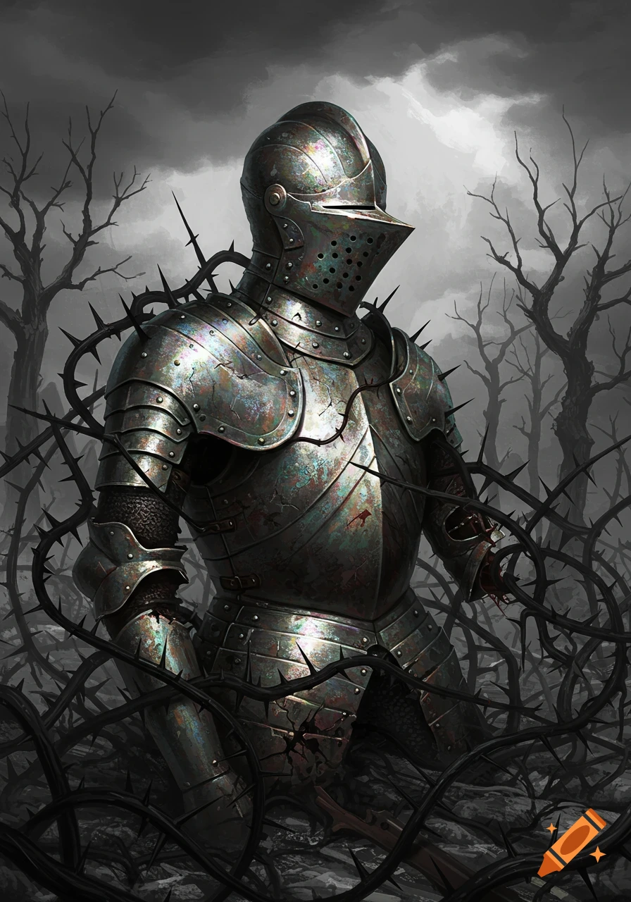 A knight in weathered, ornate armor entangled in sharp, thorny vines in a dark, desolate forest illustration.
