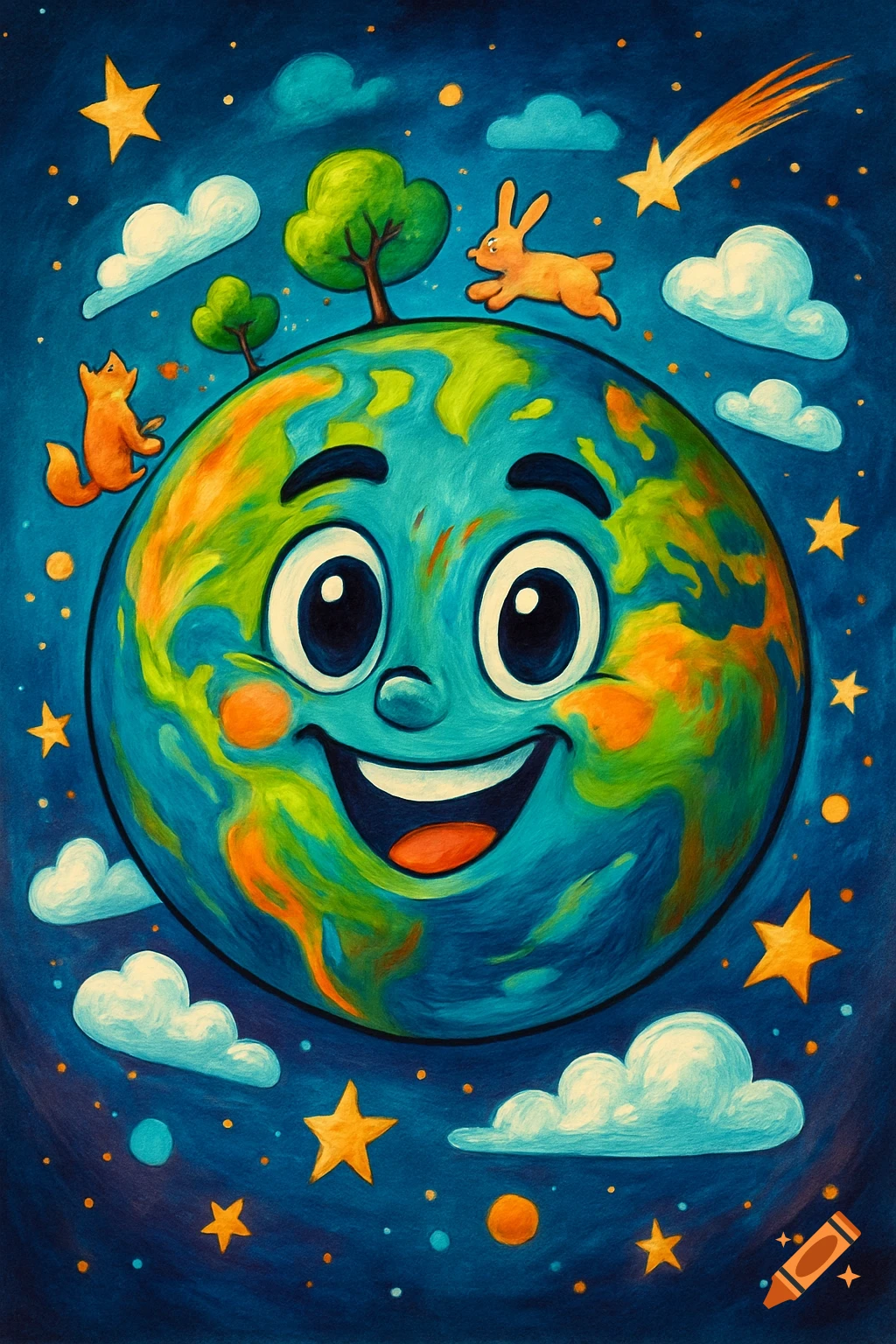 A cheerful, cartoony Earth with a happy face, surrounded by stars, clouds, trees, a fox, and a rabbit, in a dark blue sky.
