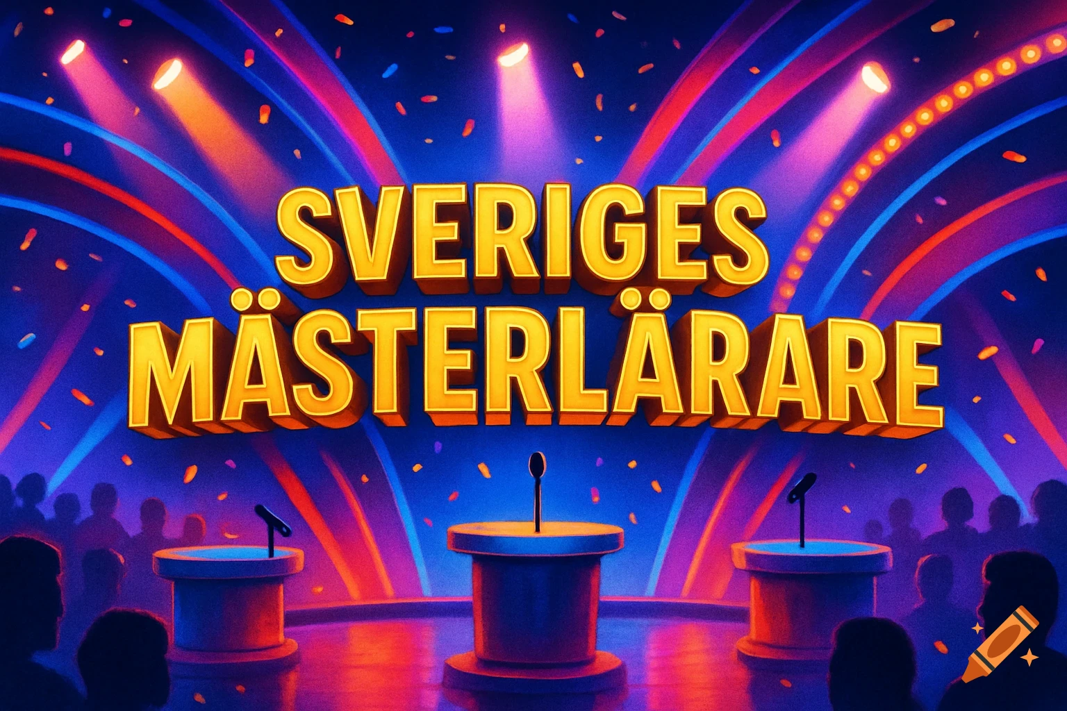 Vibrant game show stage with three podiums, microphones, an audience, and a large golden title 'SVERIGES M\u00c4STERL RARE' under spotlights.