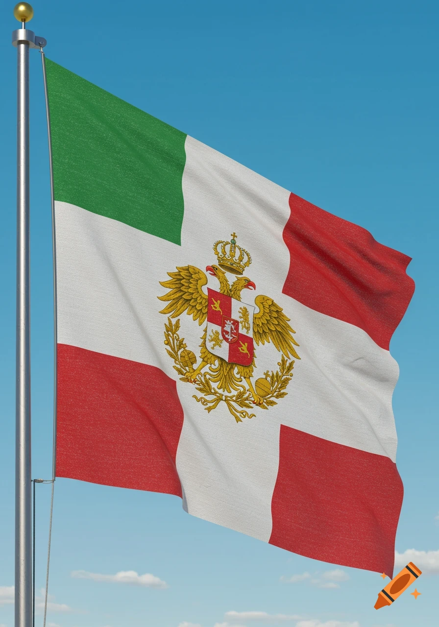 A historical Italian flag with green, white, and red stripes and a double-headed eagle crest with a crown, waving against a blue sky.