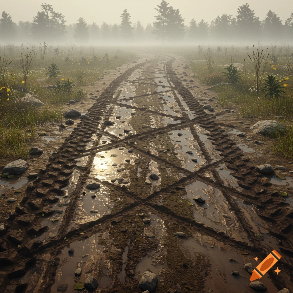A muddy, winding dirt road with deep tire tracks through a misty, sunlit forest at dawn.