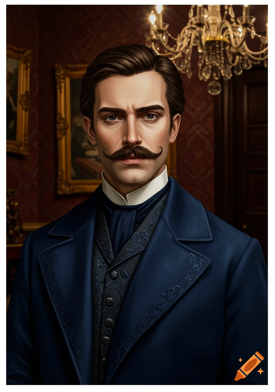 A Victorian portrait of a stern brunette man with a handlebar mustache, wearing a blue coat and patterned vest in a luxurious room.