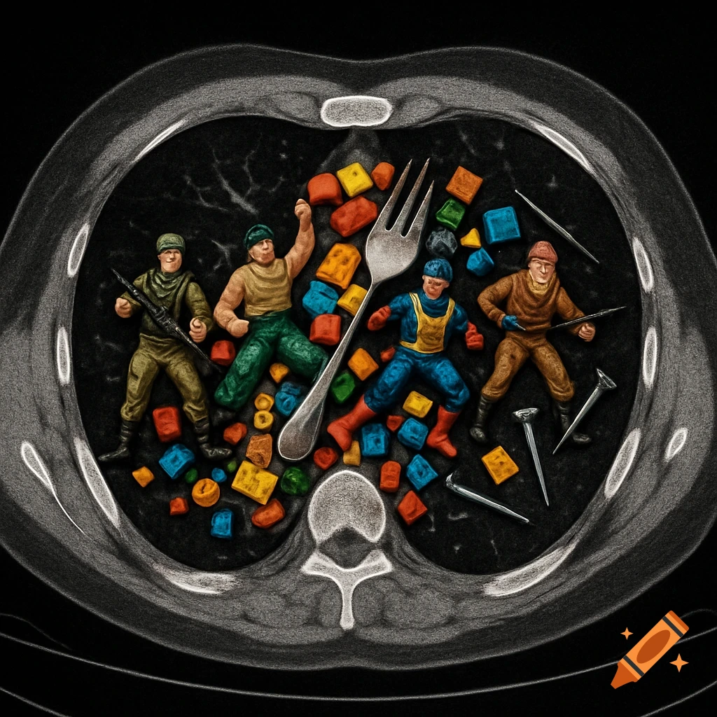 A stylized chest scan showing miniature action figures, colorful blocks, a fork, and nails inside.