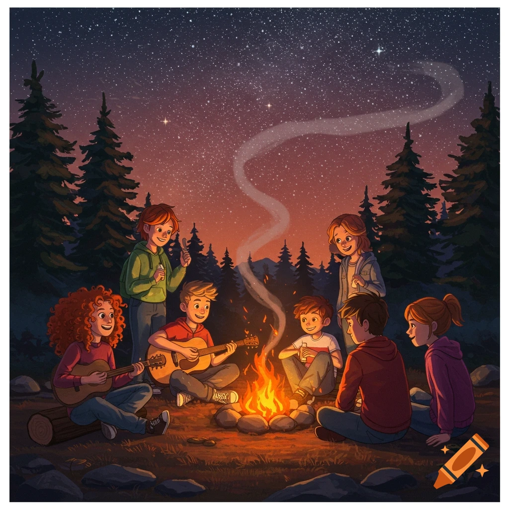 An illustration of six friends gathered around a campfire in a forest at night, two playing guitars under a starry sky.