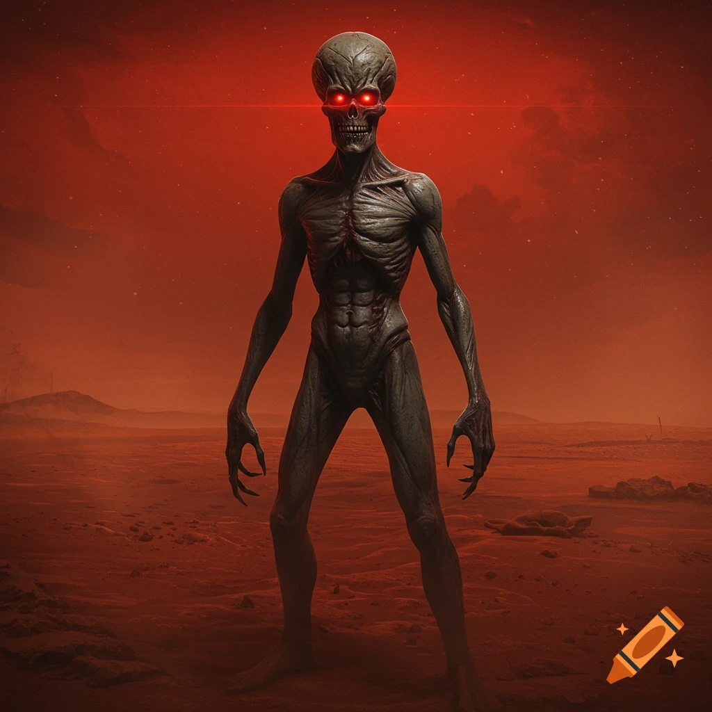 A gaunt, skeletal alien creature with glowing red eyes stands on a desolate, red Martian landscape.