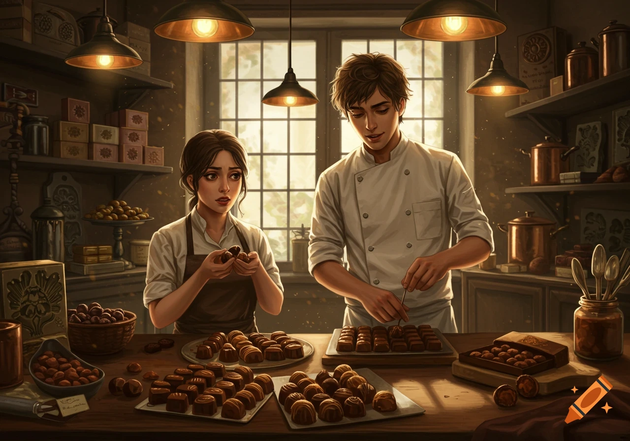 Two chocolatiers, a man and a woman, meticulously making chocolates in a warmly lit, rustic shop. Digital art style.