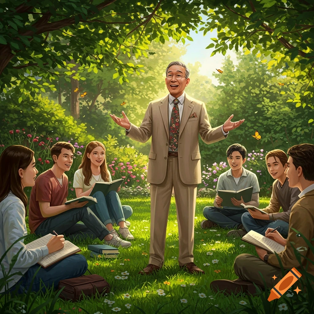 An Asian male teacher in a suit lectures a group of diverse young adult students seated on the grass in a vibrant, sunlit garden.