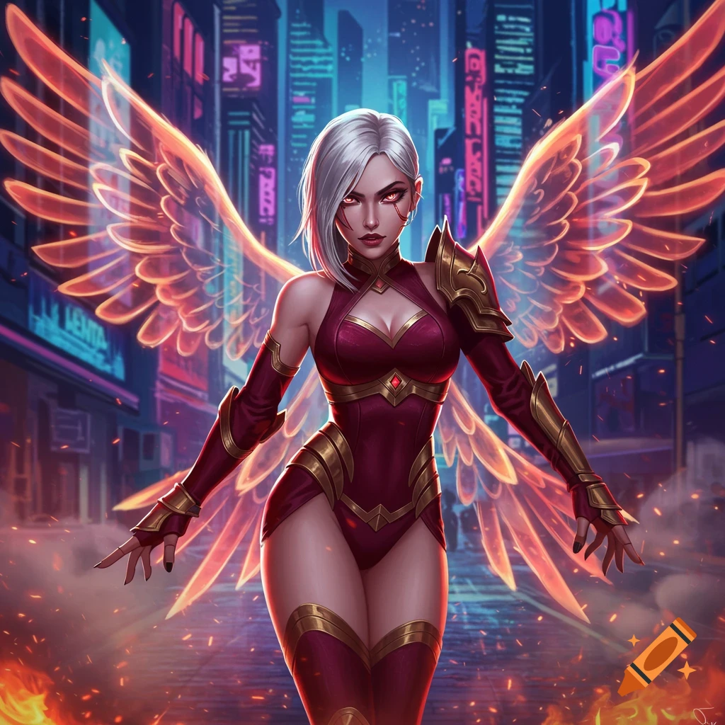 White-haired female warrior in red and gold armor with glowing wings stands in a fiery cyberpunk city.