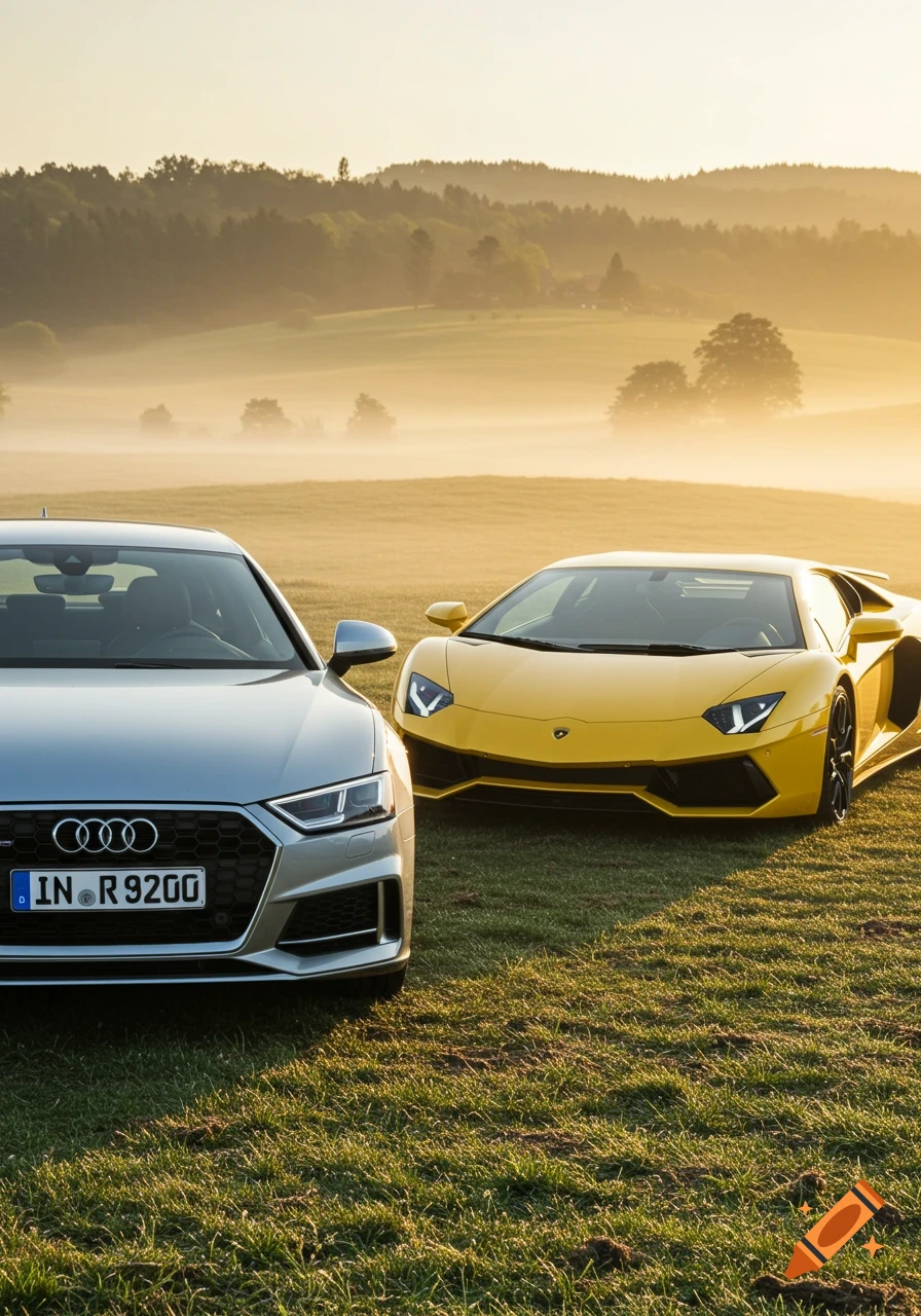 A silver Audi and a yellow Lamborghini parked side-by-side in a misty, grassy field at sunrise, photorealistic style.