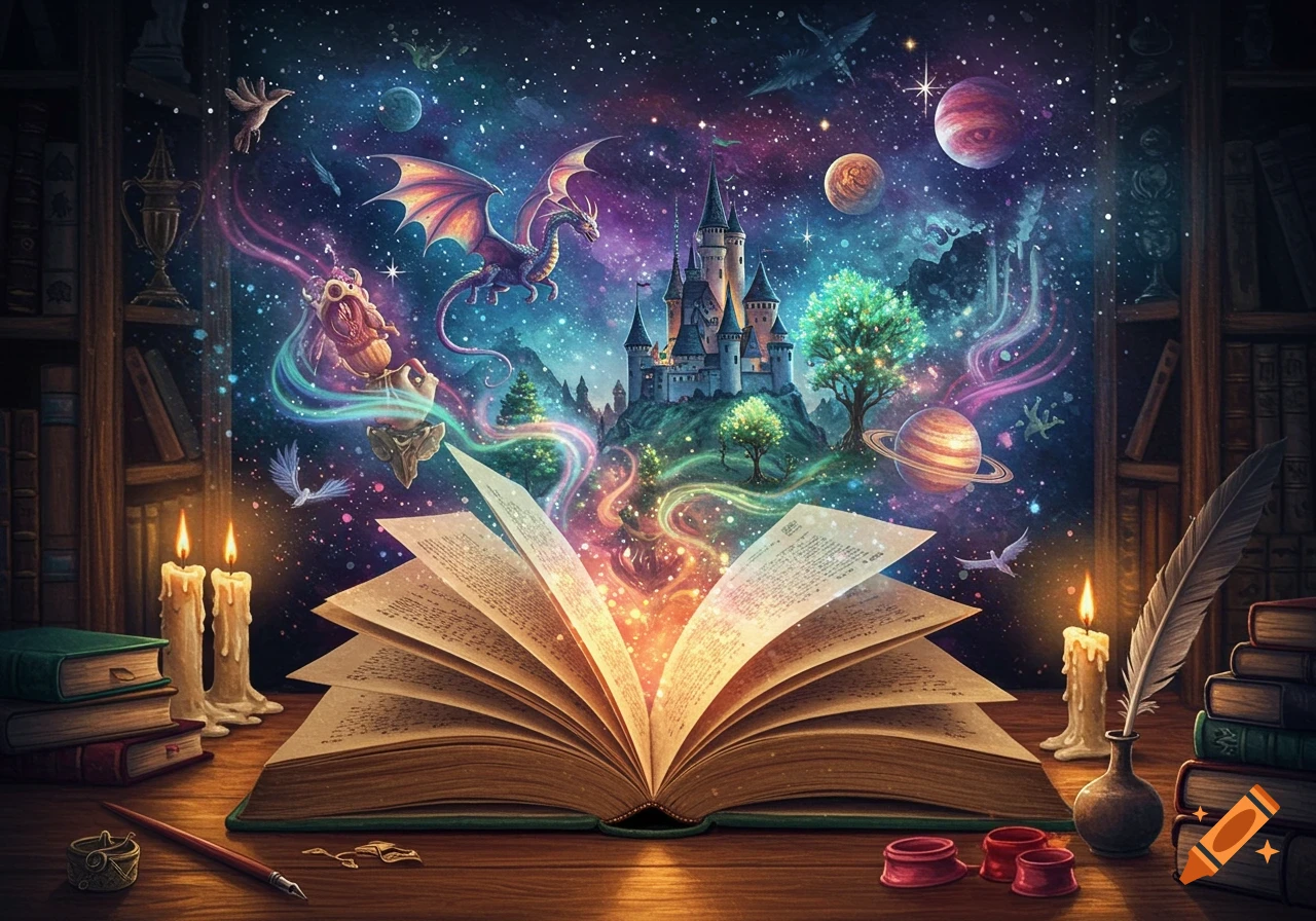 An open book on a desk radiates a magical fantasy scene with a castle, dragon, planets, and starry sky, flanked by candles.