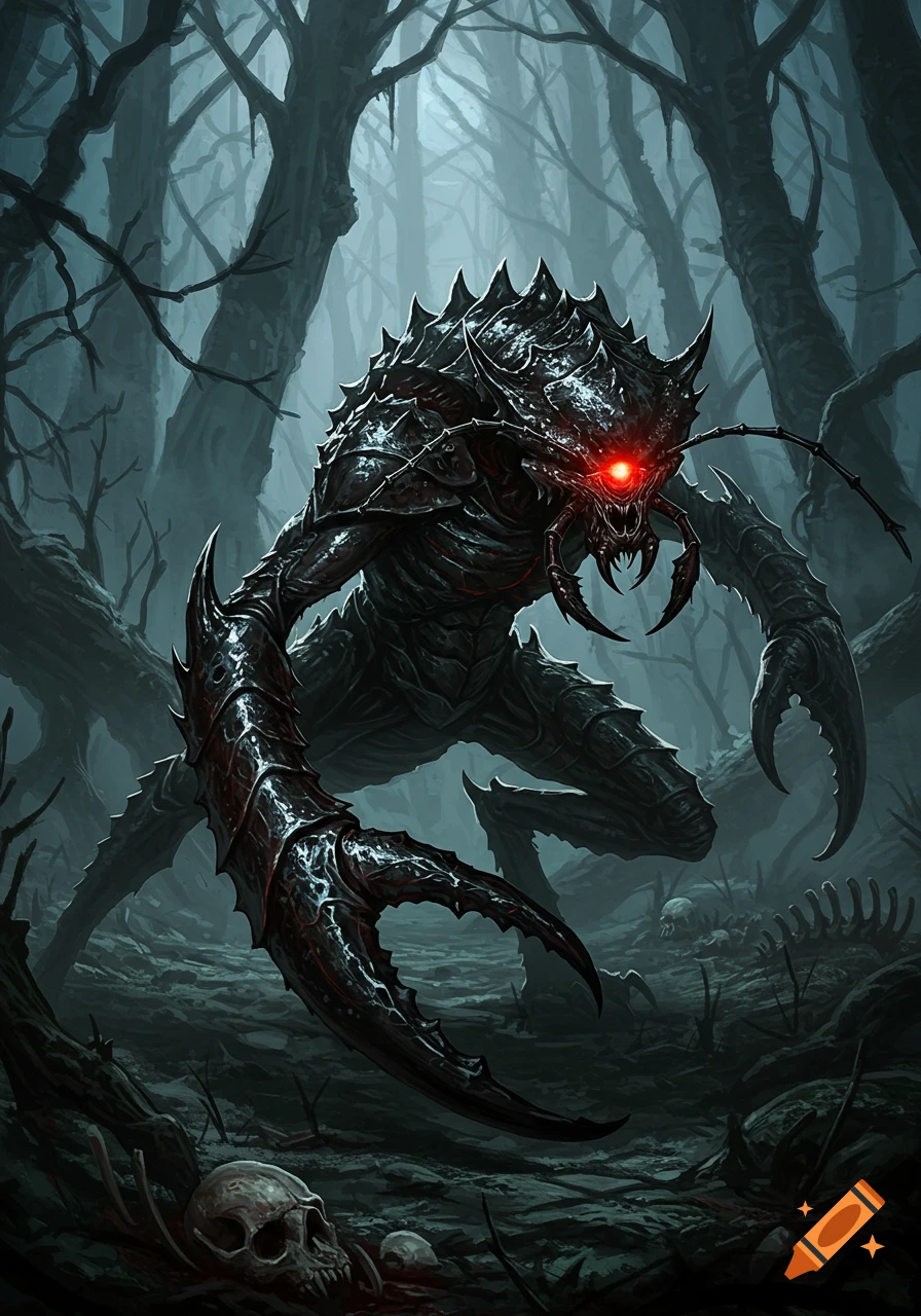 A monstrous, black, chitin-plated creature with glowing red eyes and large claws stands in a dark, eerie forest with skulls.