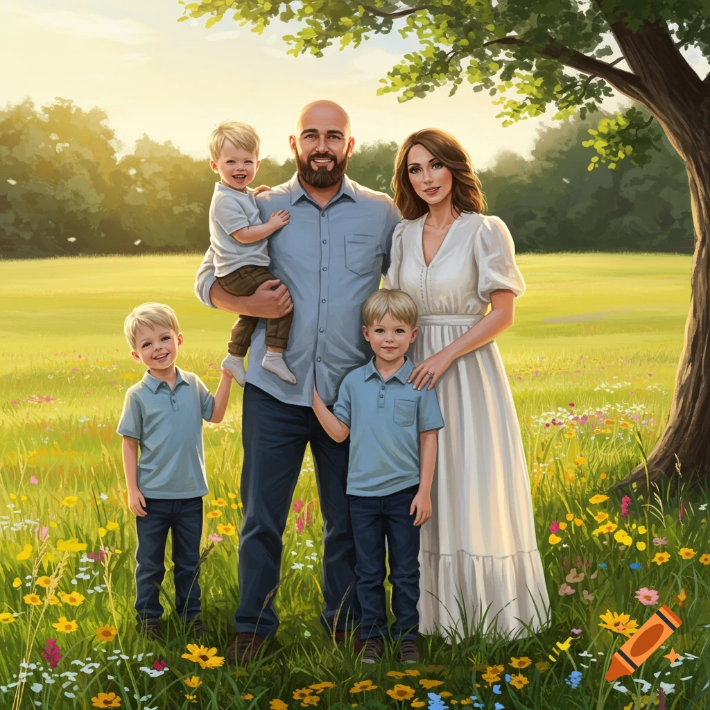 A bald, bearded man holds one son, while his wife and two other sons stand beside him in a sunlit wildflower field.