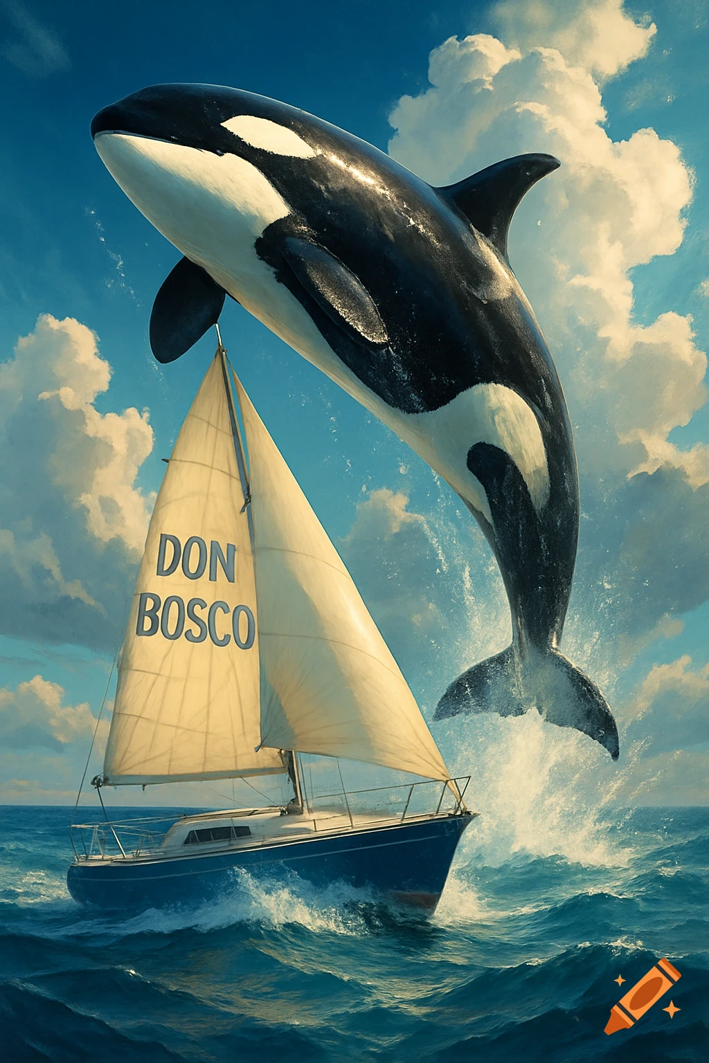 A large orca jumps dramatically out of the ocean next to a sailboat with "DON BOSCO" on its sail under a cloudy sky.