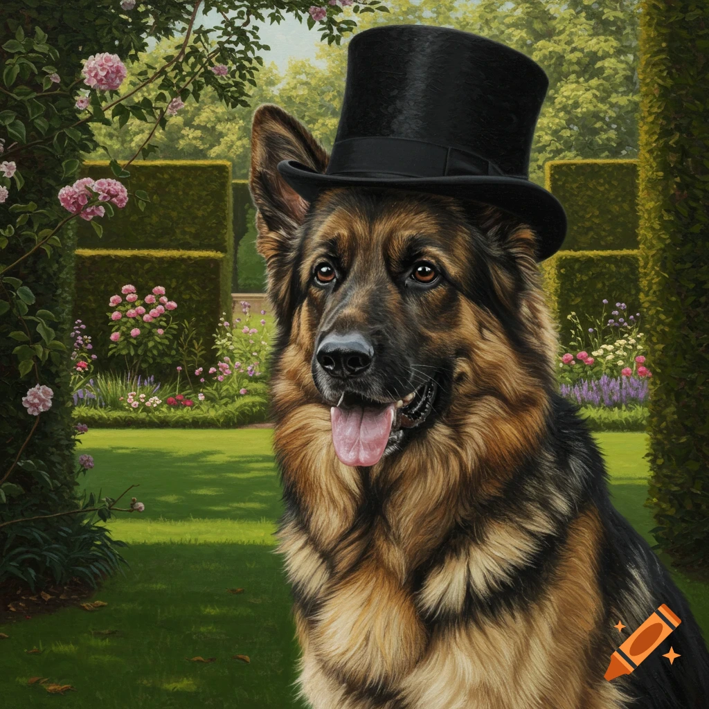 A photorealistic German Shepherd wearing a black top hat, sitting in a lush green garden filled with pink flowers.