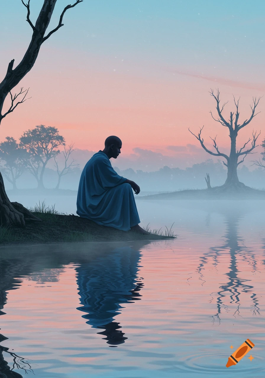A person in a blue robe sits by a misty lake at dawn or dusk, with a pastel pink and blue sky, reflected in the water.
