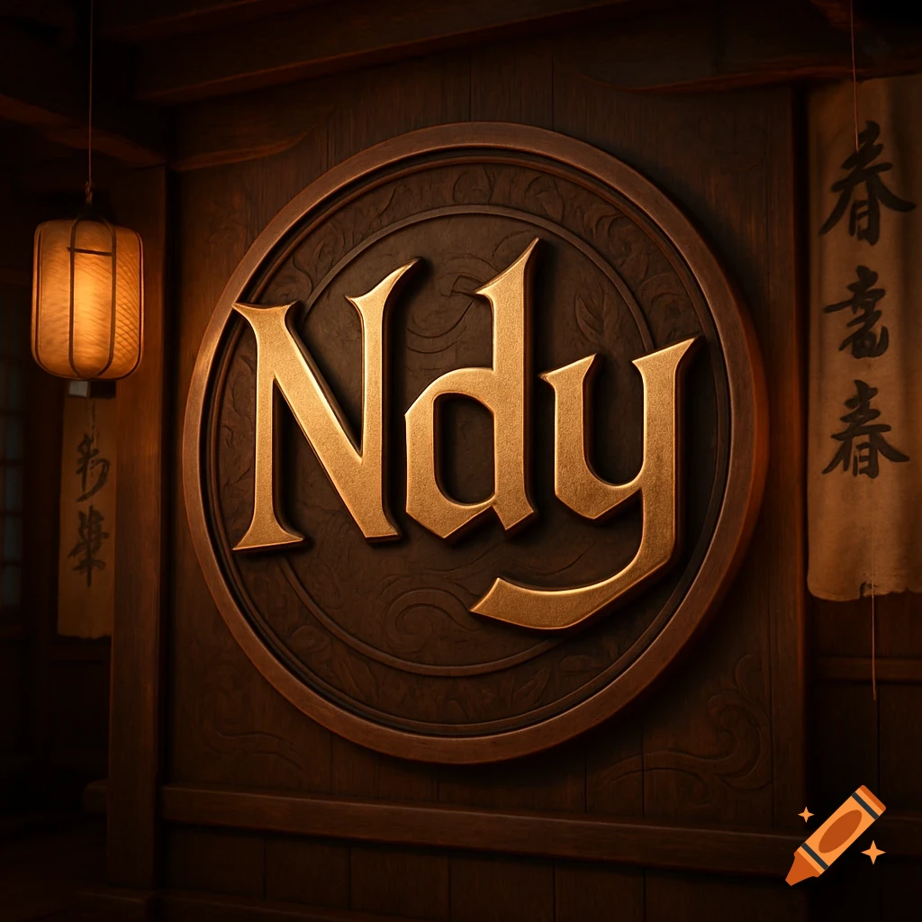 A golden 'Ndy' logo on a round wooden plaque, set in an oriental room with a lantern and banners.