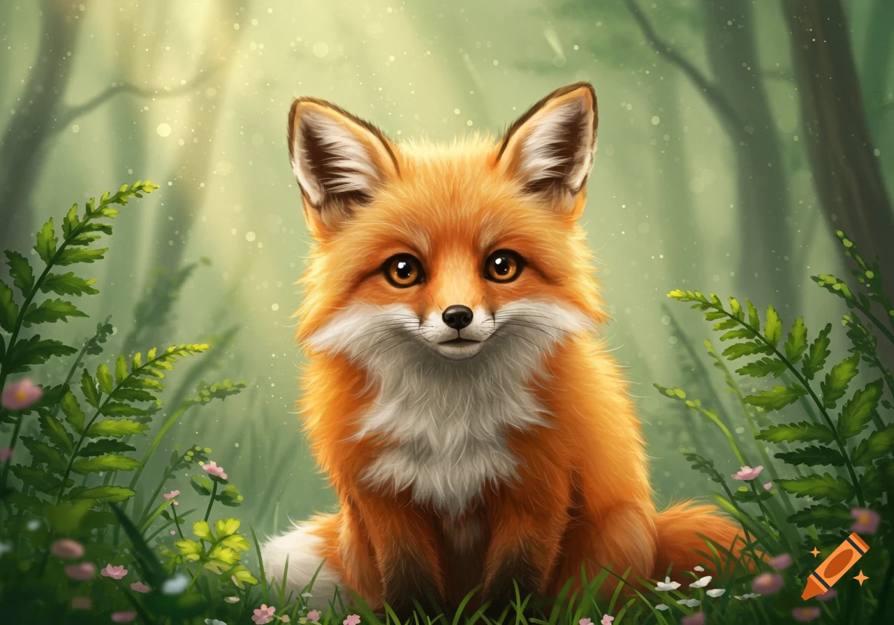 A cute, fluffy orange fox with big eyes sits in a lush green forest, dappled with sunlight and small pink flowers, in a vibrant illustration style.