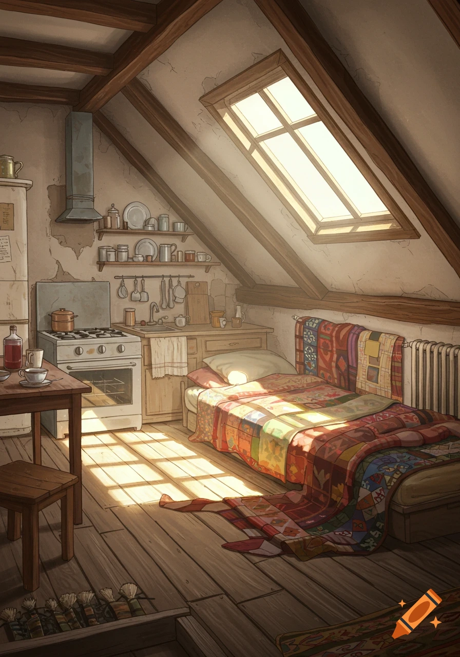 Cozy attic studio with a bed, colorful quilts, small kitchenette, and sunlight through a skylight onto wooden floors. Illustrative.