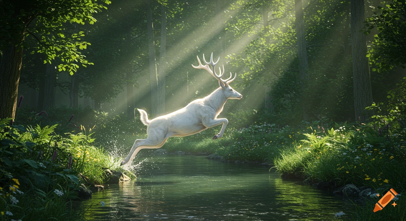 A majestic white stag leaps gracefully across a narrow river in a sun-dappled, dewy forest.