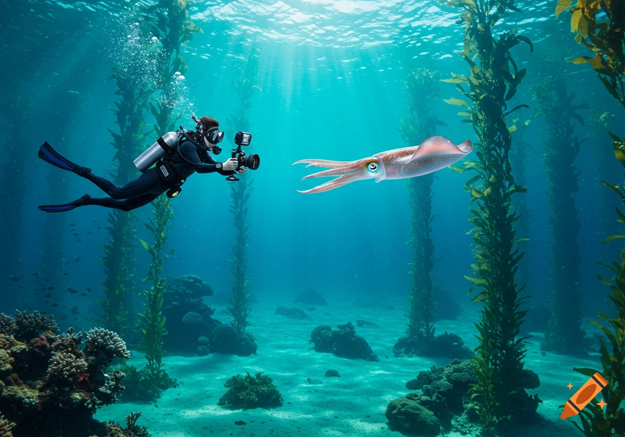 Photorealistic image of a scuba diver with a camera photographing a squid in an underwater kelp forest.