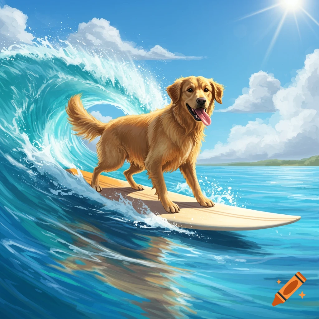 A happy Golden Retriever stands on a surfboard, riding a large ocean wave on a sunny day.