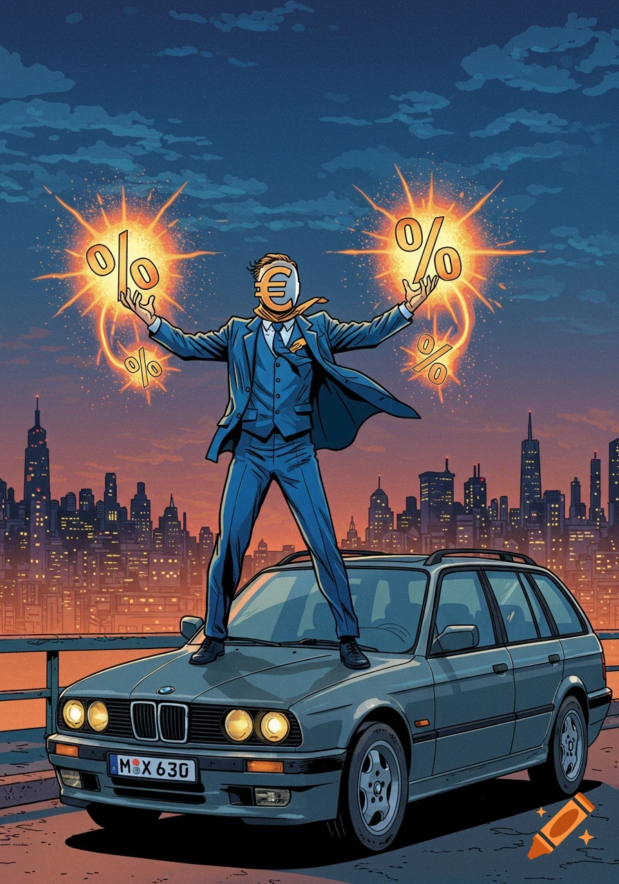 A man in a blue suit and Euro mask stands heroically on a grey BMW station wagon, firing glowing percentage signs over a city skyline at dusk, in a comic book style.