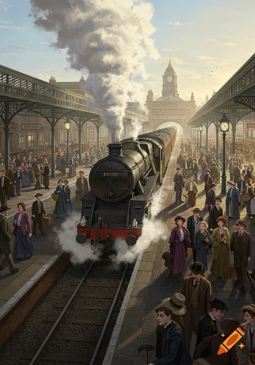 Detailed illustration of a steam train arriving at a bustling Victorian-era train station filled with a large crowd of people.