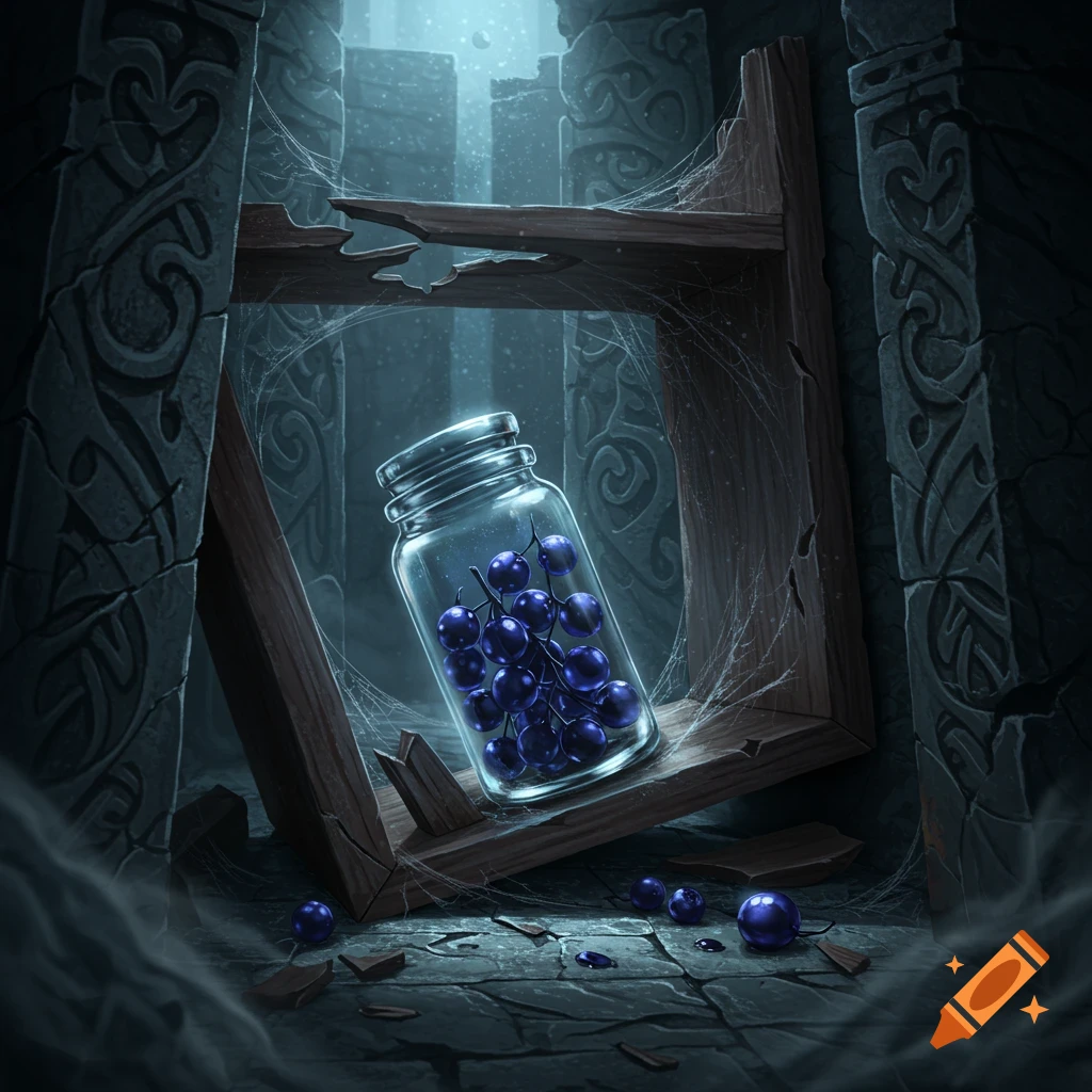 A glass jar filled with dark berries rests on a broken wooden shelf in a dark, ancient labyrinth, in a fantasy art style.